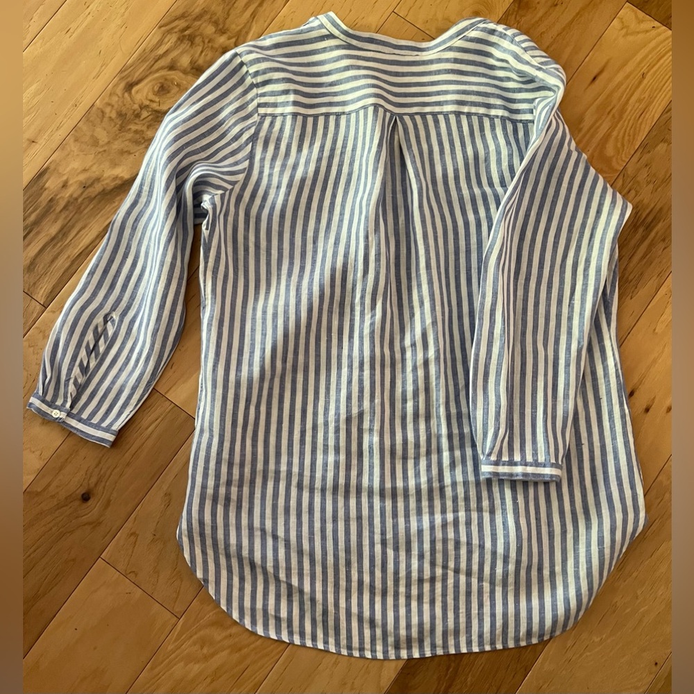 L.LBean Women's Premium Washable Linen Shirt, Blue & White Stripe Sz Large - Picture 3 of 3